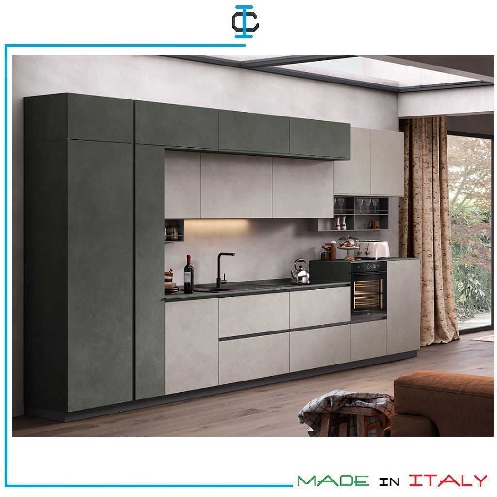 Cucina con finitura Materico tinta Limo e Calce