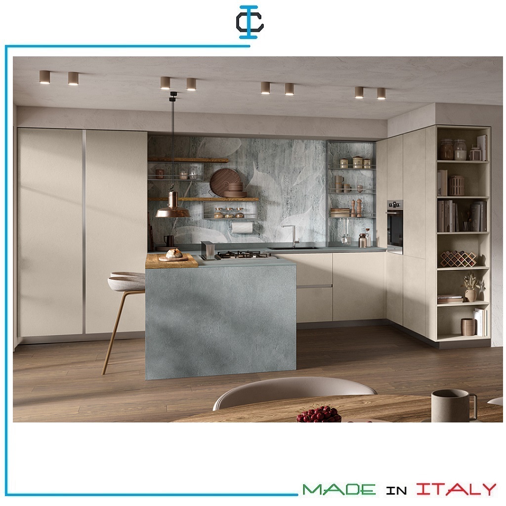 Cucina penisola con finitura Materico tinta Gesso