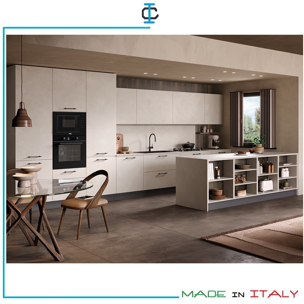 Cucina penisola con finitura Materico tinta Calce.